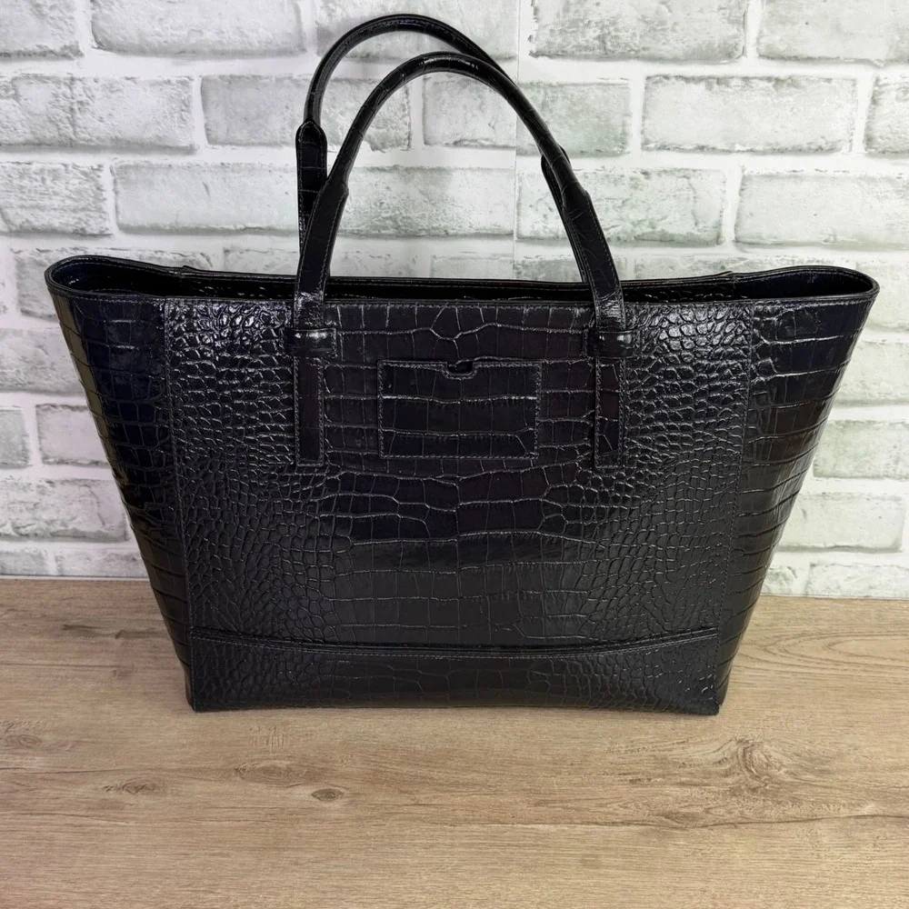 Kate Spade Croc Embossed Leather Tote Bag Large Navy Blue